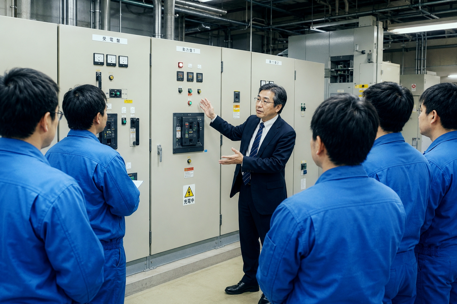 電気設備の現場で行うサーモグラフィ実技指導・OJT教育の様子